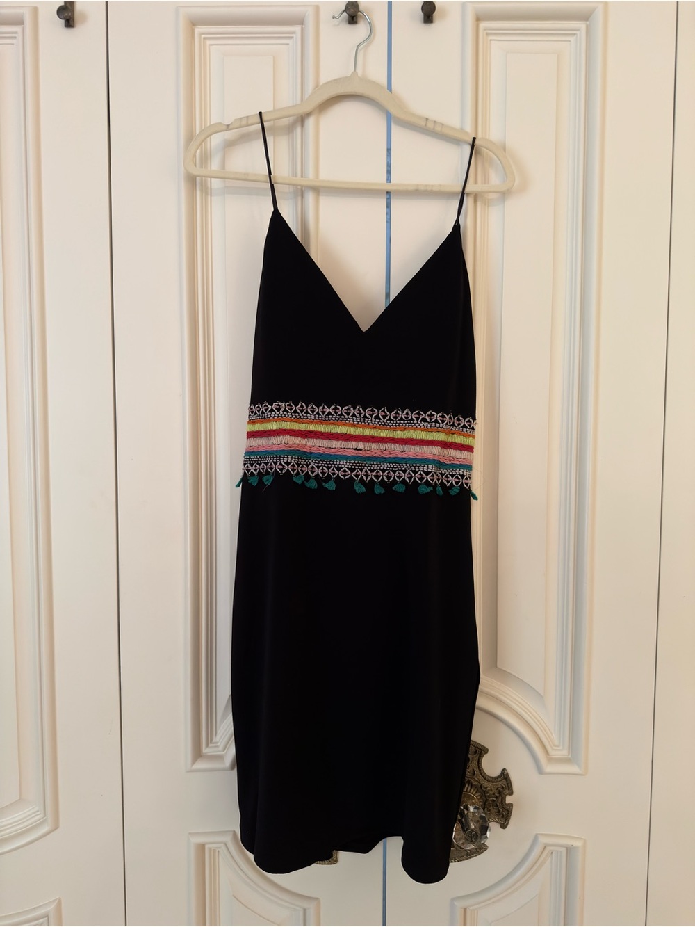 Alice + Olivia Black Slip Dress with Multicolor Embroidered Waist